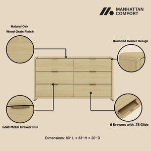 Oak Double Dresser with 6 Drawers - Grace Collection