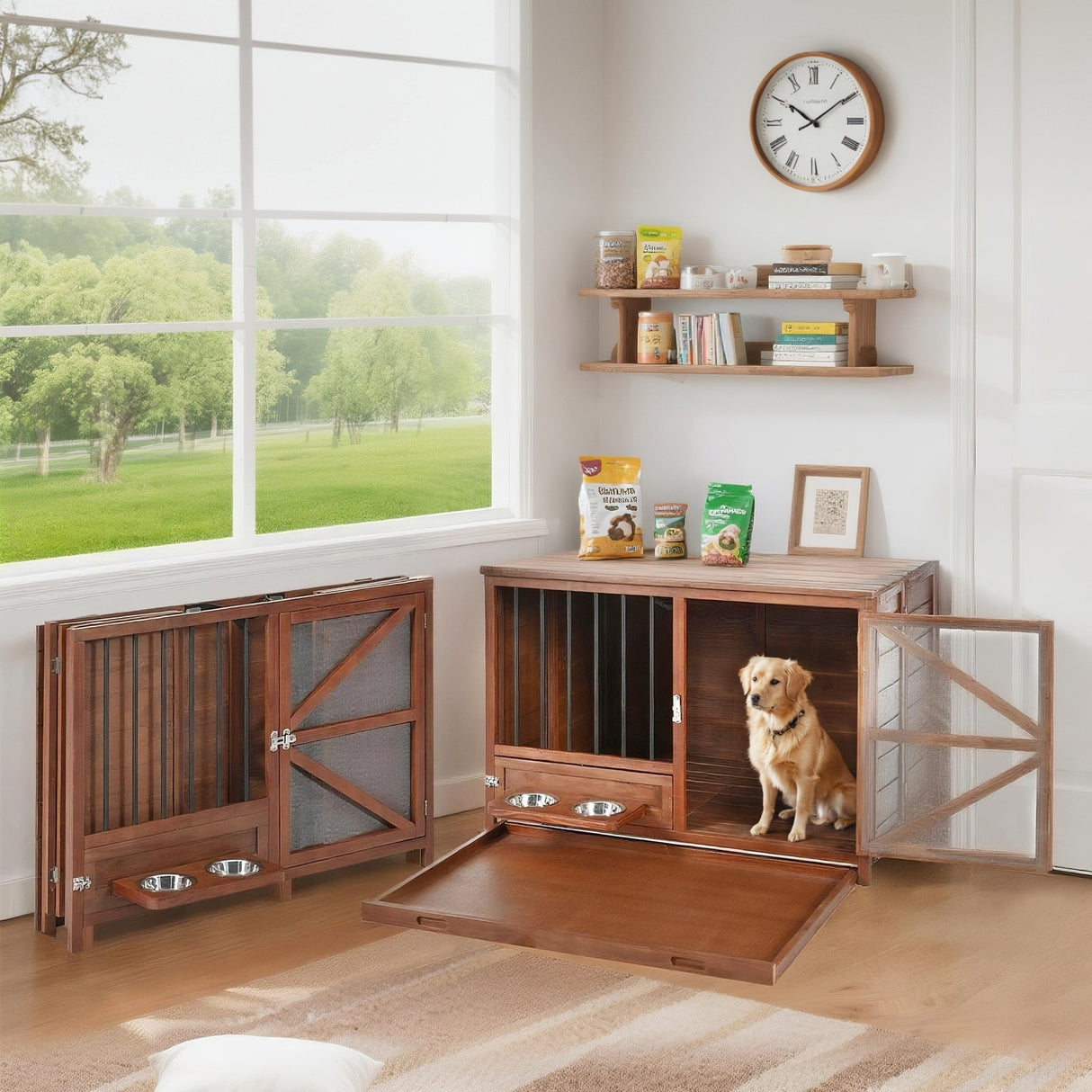 33' Solid Wood Dog Crate Furniture, Foldable Indoor Kennel