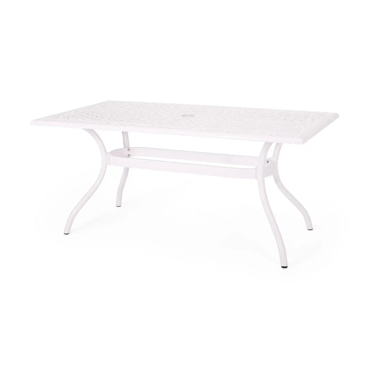 Celestine Outdoor Cast Aluminum Dining Table With Floral Lattice Design And Umbrella Holder