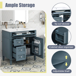 Bathroom Vanity With Top Sink, Storage Cabinet With 2 Drawers And Tip Out Drawer, Rectangular Design - Blue