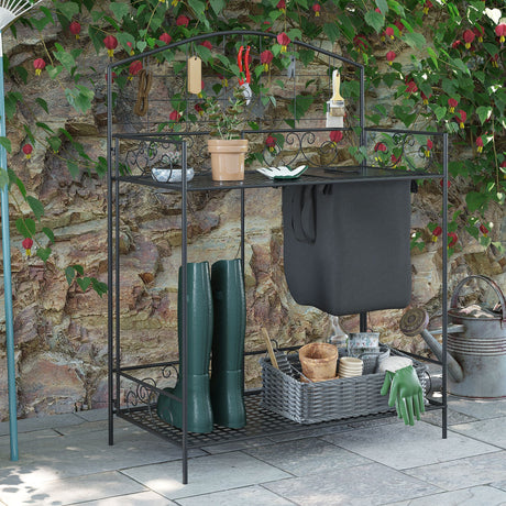 Metal--Folding-Potting-Bench-Table,-with-Large-Build-In-Bag-with-Cover,-5-Hanging-Hooks-&-Storage-Shelf-Potting-Bench-&-Storage