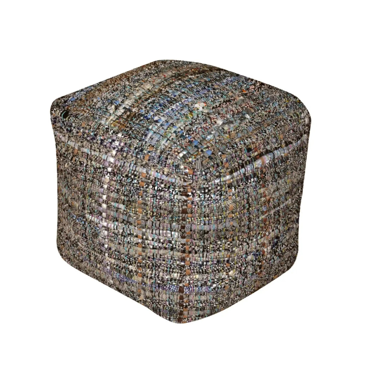 Koki Handcrafted Accent Pouf Recycled Denim And Paper Chindi - Khaki
