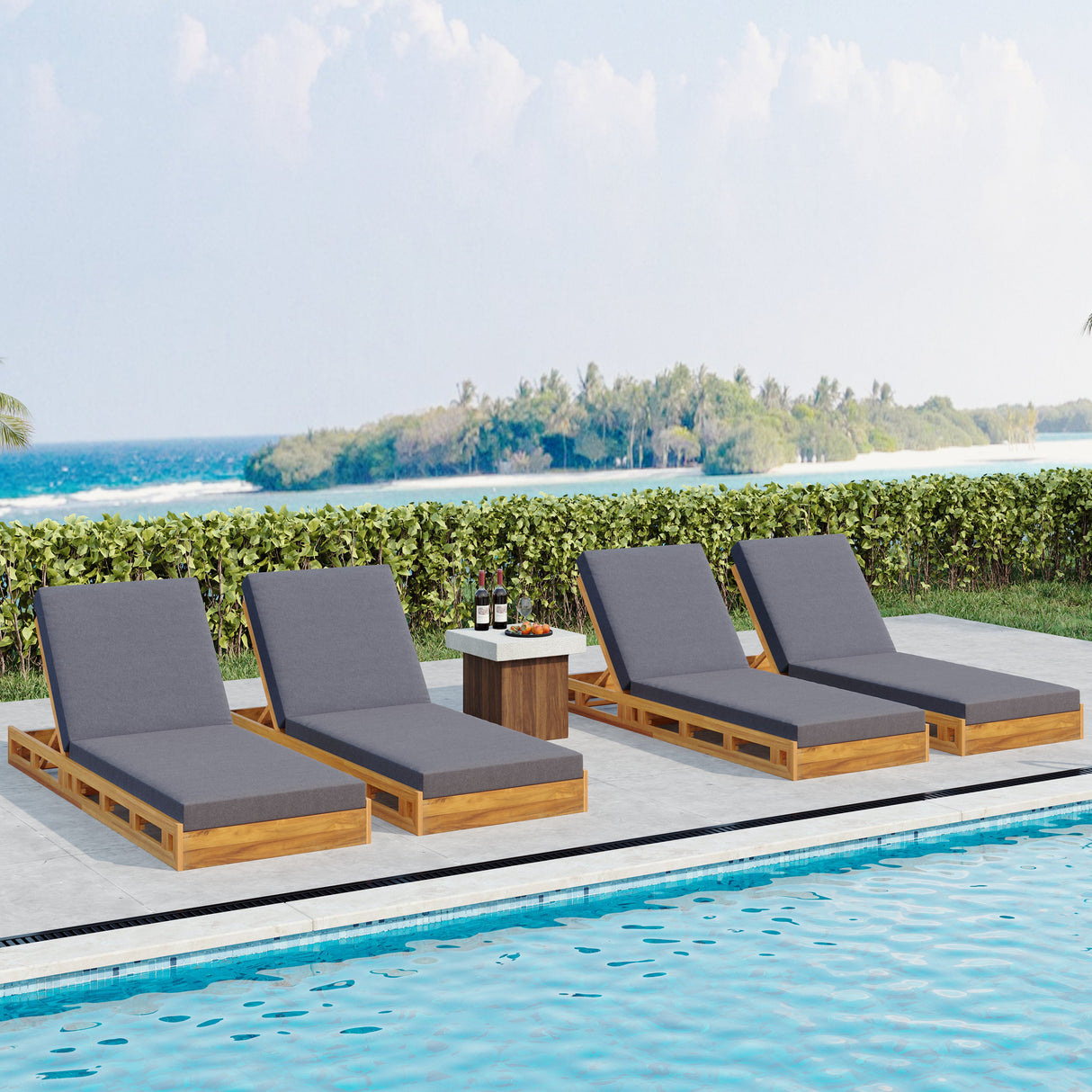 Lounge Chaise Set - Acacia Wood with Water-Resistant Cushions