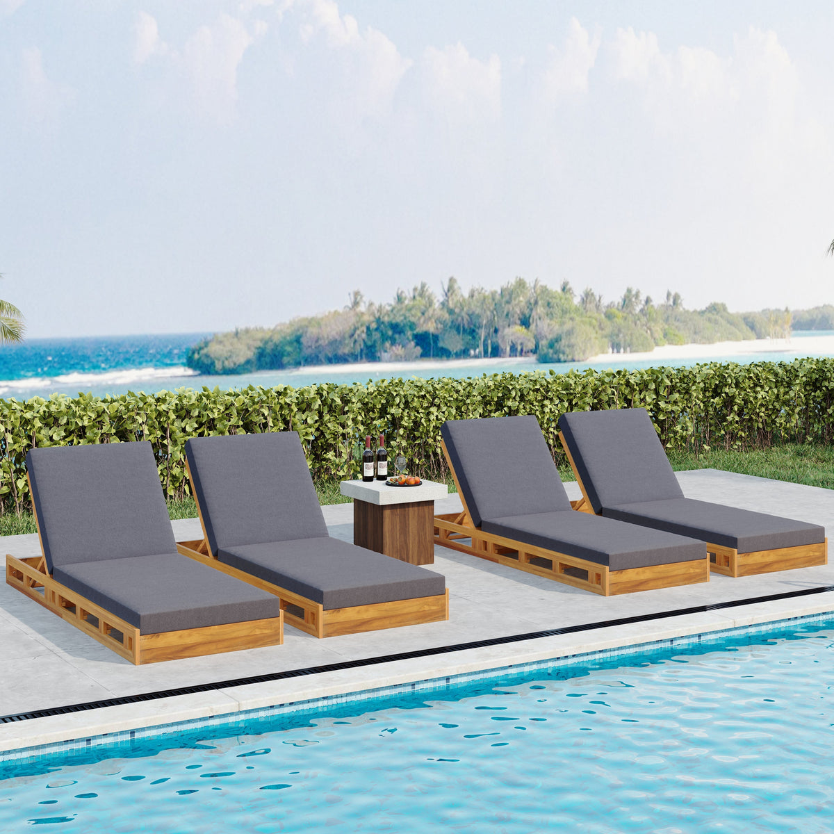 Lounge Chaise Set - Acacia Wood with Water-Resistant Cushions