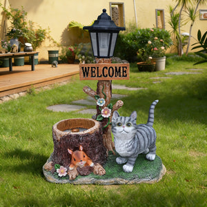 Cat Solar Planter Statue for Outdoor Decor