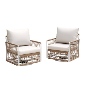 [Set of 2] 360° Swivel Bohemian Outdoor Lounge Chair with Handwoven Rope & Powder-Coated Steel Frame, Waterproof Cushions - Patio, Garden, Poolside