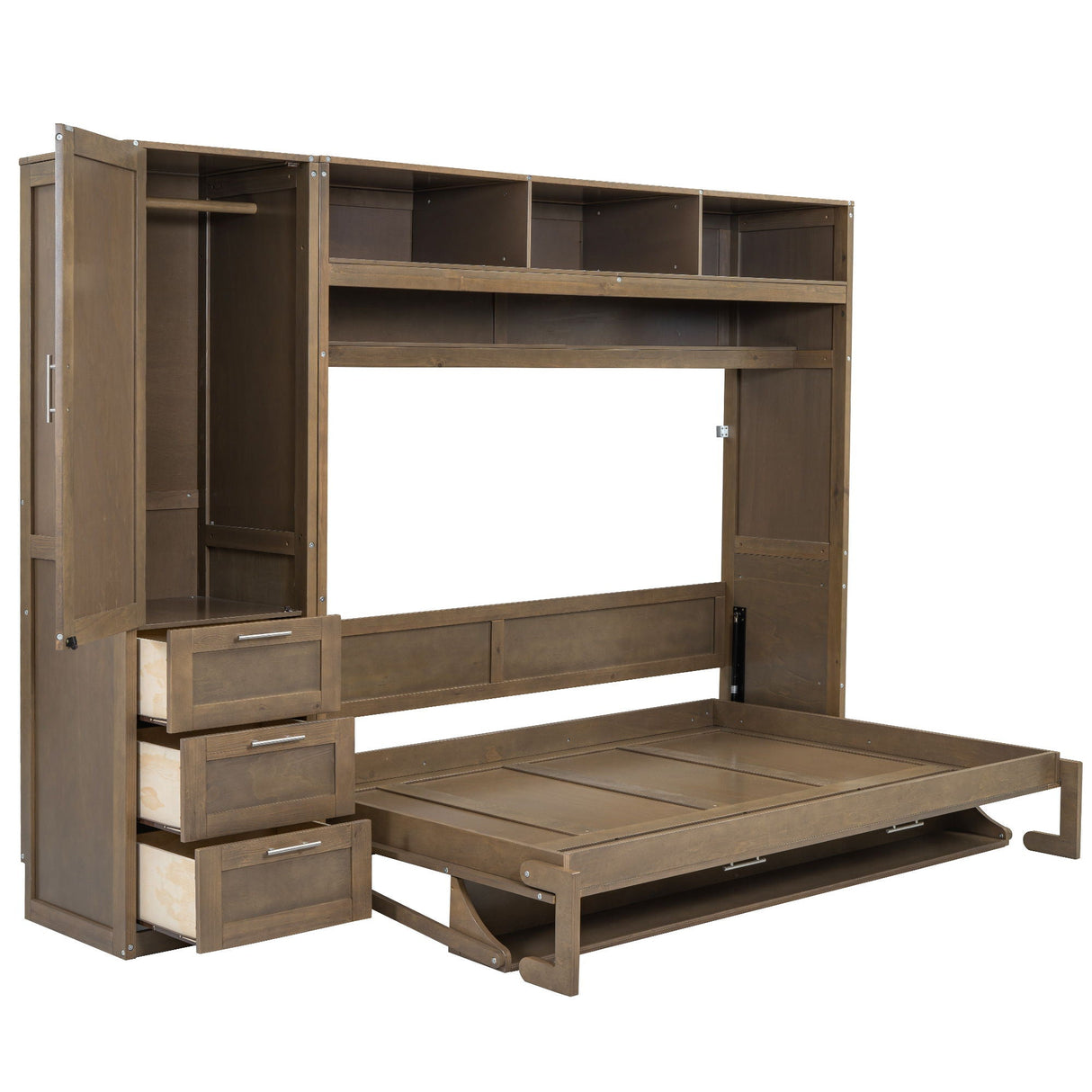 Full Size Murphy Bed With Wardrobe, Drawers, And Open Shelves - Wood