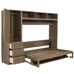 Full Size Murphy Bed With Wardrobe, Drawers, And Open Shelves - Wood