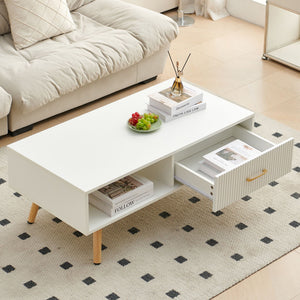 Modern Rectangle Coffee Table With Legs, Sliding Drawer For Storage - White