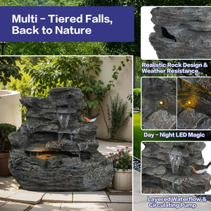 Concrete Rock Waterfall Fountain with LED Lights - Dark Gray