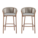 Lodi Outdoor Metal Rope Barstool with Teak Finished Frame and Beige Cushion - Set of 2