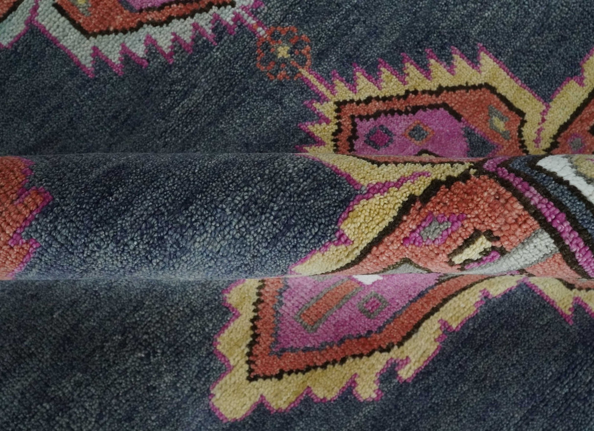 8.3x9.10 Hand Knotted Charcoal, Silver and Pink Traditional Heriz Wool Area Rug