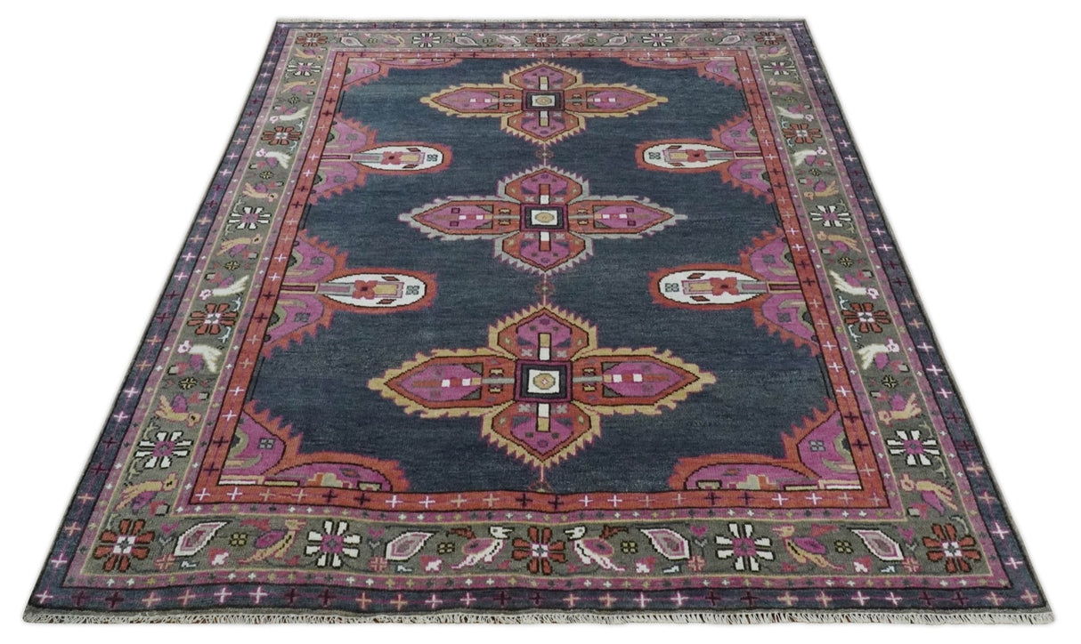 8.3x9.10 Hand Knotted Charcoal, Silver and Pink Traditional Heriz Wool Area Rug