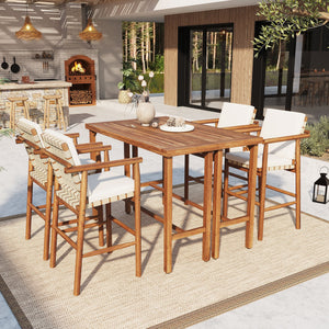 6 Piece Outdoor Bar Set with Acacia Wood Table & Cushioned Stools