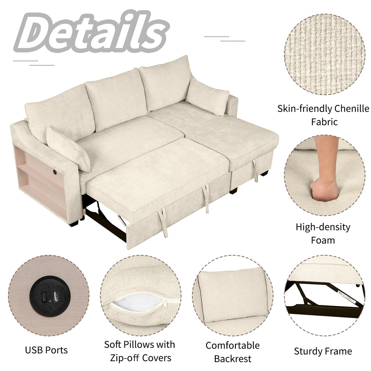 The Lionel Multifunctional Chenille Convertible Sofa Bed - USB and Storage