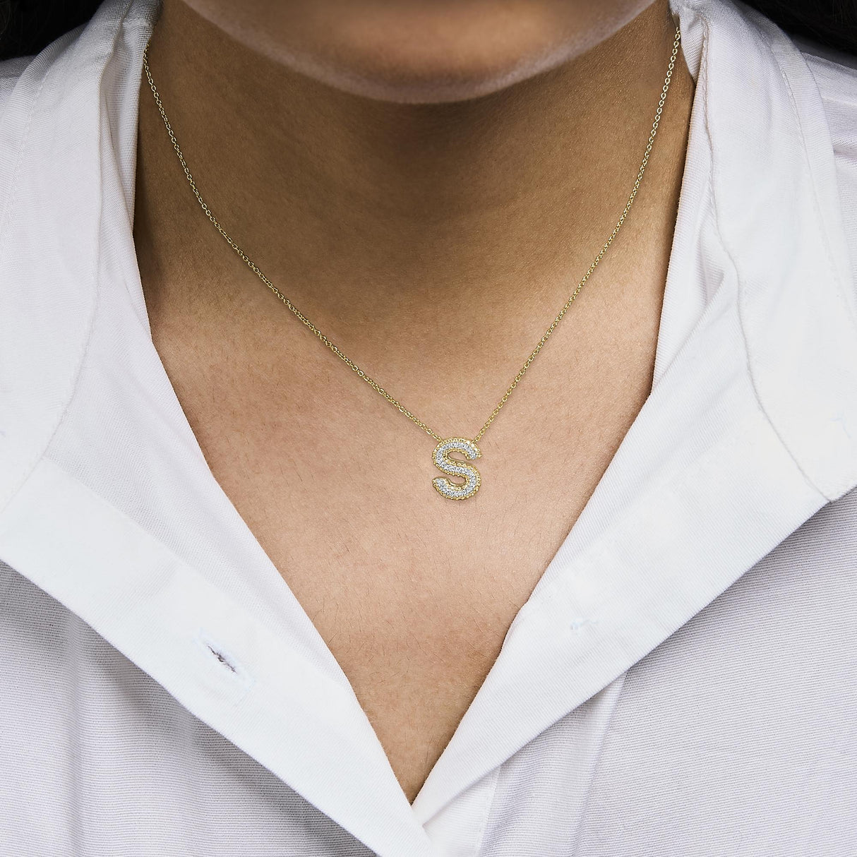 Yellow Gold Vermeil Diamond Accent "A-Z" Initial Bubble Pendant Necklace