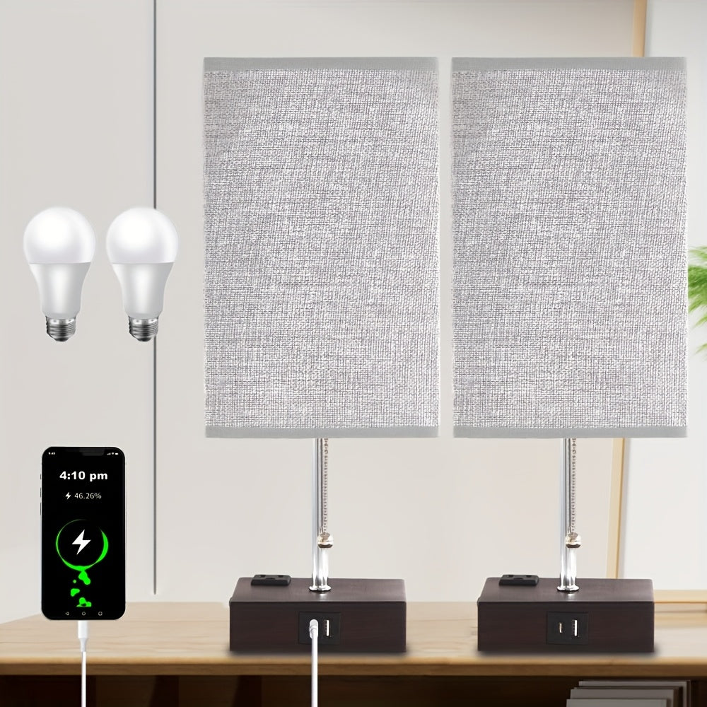 Touch Table Lamp with USB & Outlet – Modern Fabric Shade Bedside Light for Bedroom