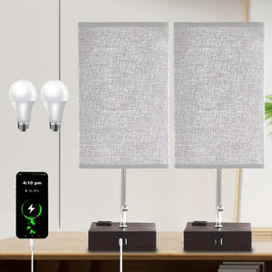 Touch Table Lamp with USB & Outlet – Modern Fabric Shade Bedside Light for Bedroom