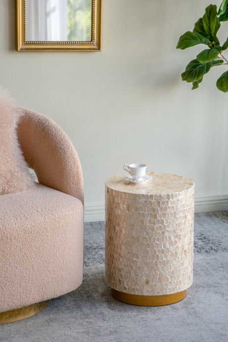 14x14x18'-Cylindrical-Accent-Stool-with-Gold-and-Black-Capiz-Shell-Finish-and-Pedestal-Base-Side-Tables