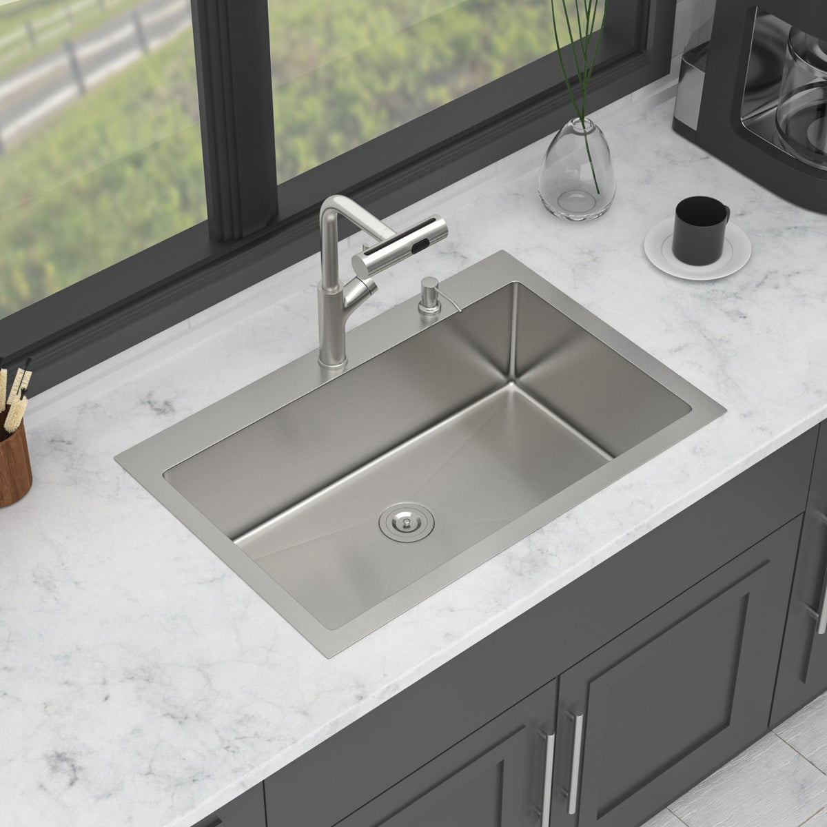 Drop-In Kitchen Sink With Pull-Out Faucet And Soap Dispenser