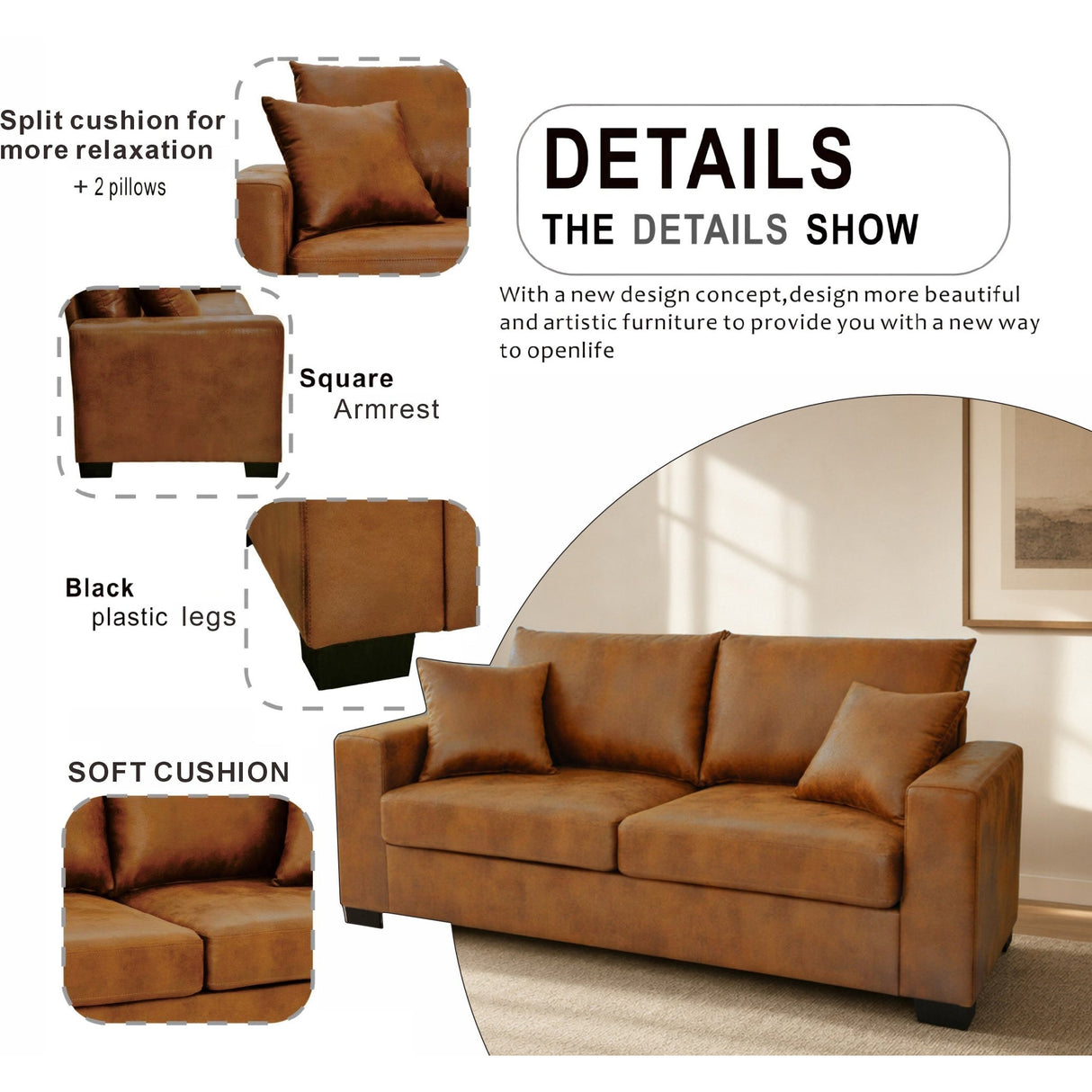 69-Inch Two-Seater Sofa with Foil Fabric and Throw Pillows