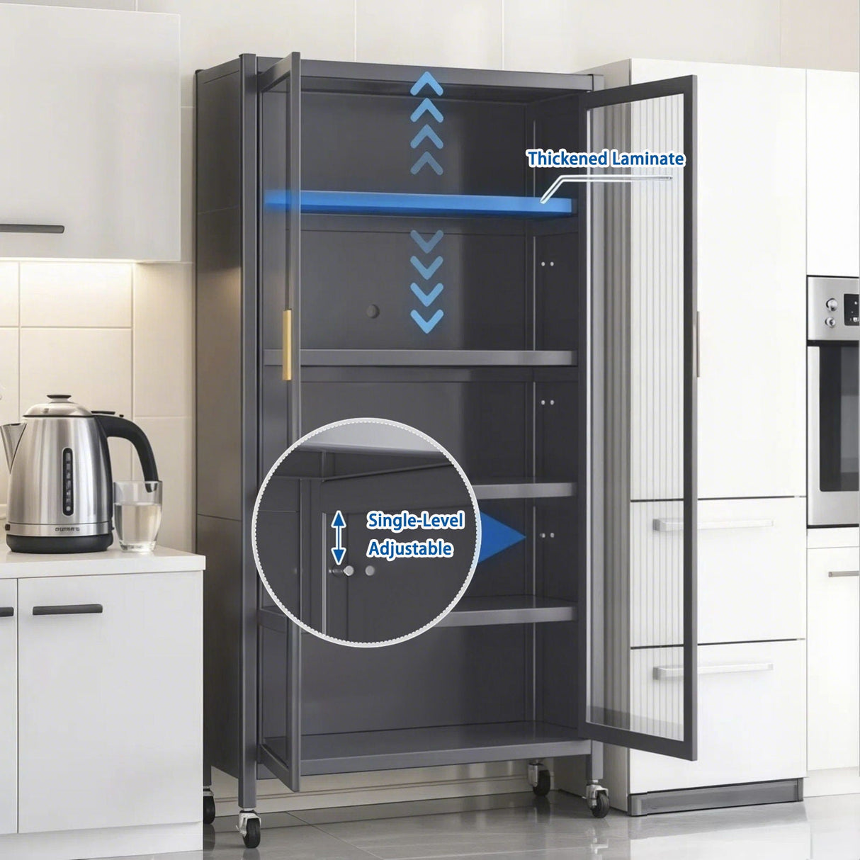 6 Tier Storage Cabinet With Transparent Door, Adjustable Shelves & Wheels