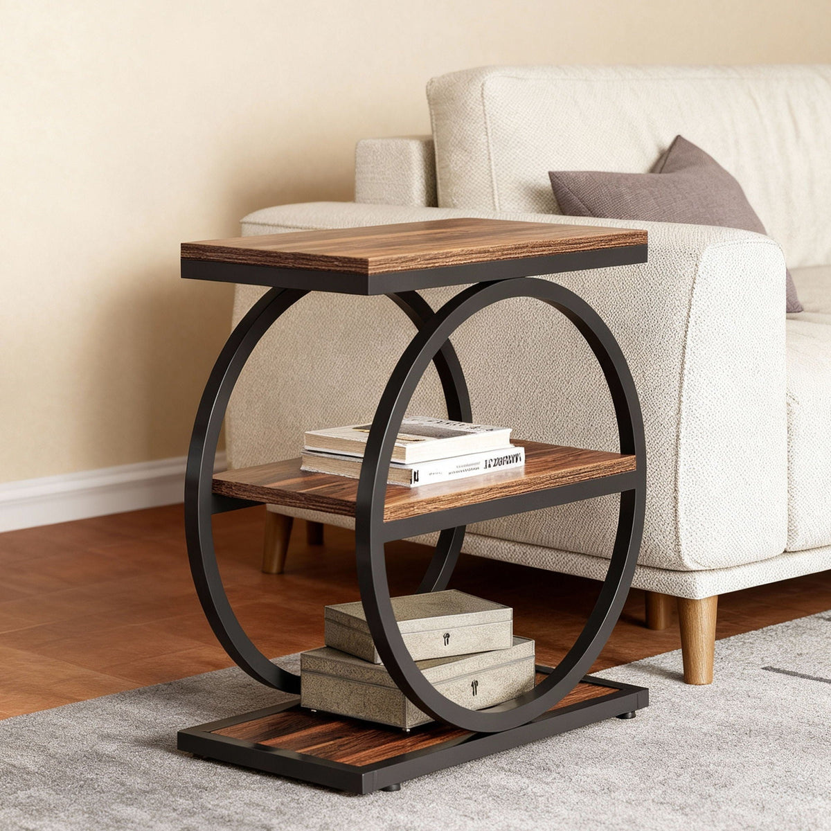 Industrial Narrow End Table With 3 Shelves