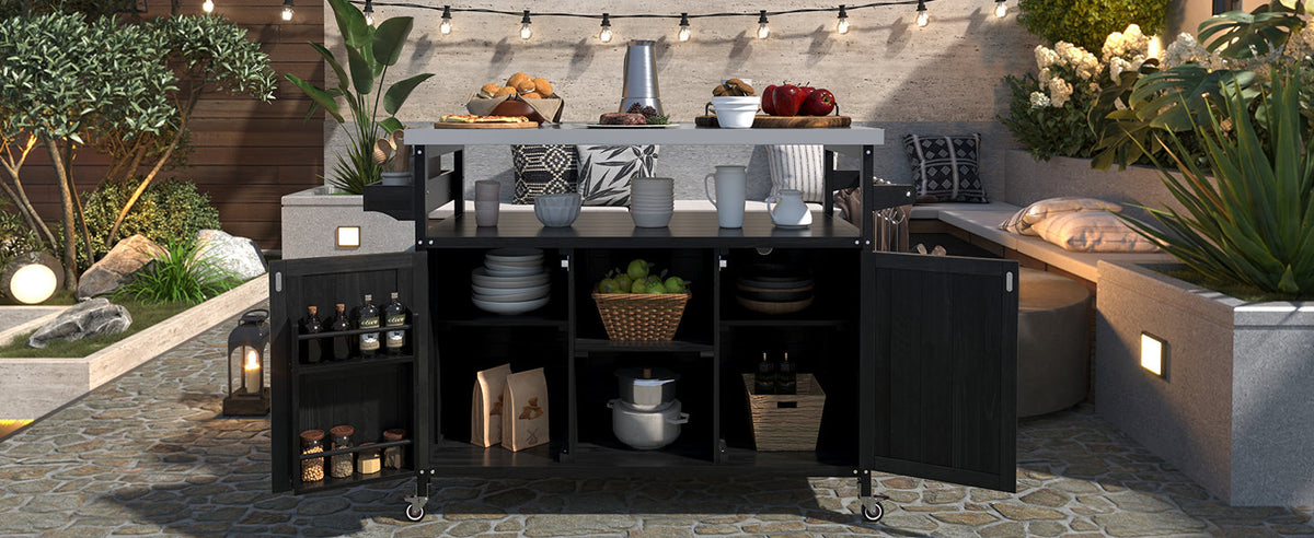 K&K Outdoor Kitchen Island with Rolling Bar Cart and Storage Cabinet