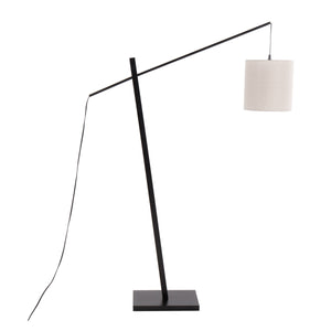 Arturo Contemporary Floor Lamp in Black Wood and Black Steel with Grey Fabric Shade