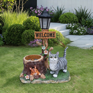 Cat Solar Planter Statue for Outdoor Decor