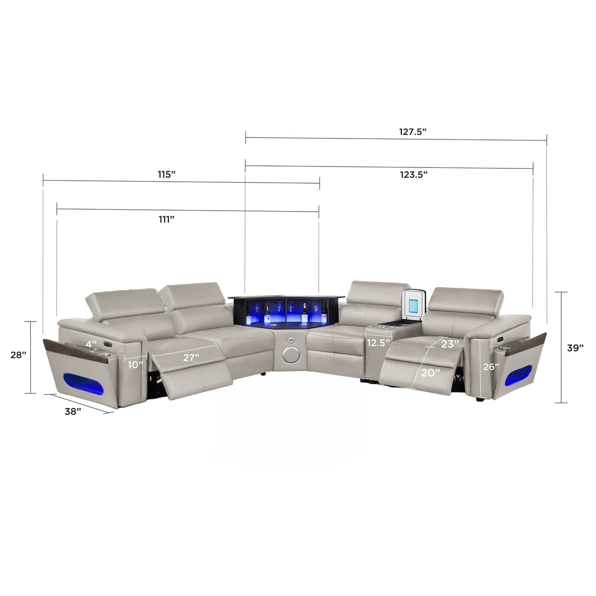 Nova Modern Style Sectional with Console, Wedge, and Bluetooth