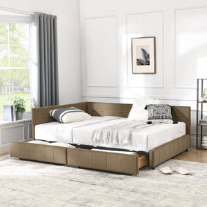 Mid-Century Storage Upholstered Tufted Bed Frame With Backrest And Armrests