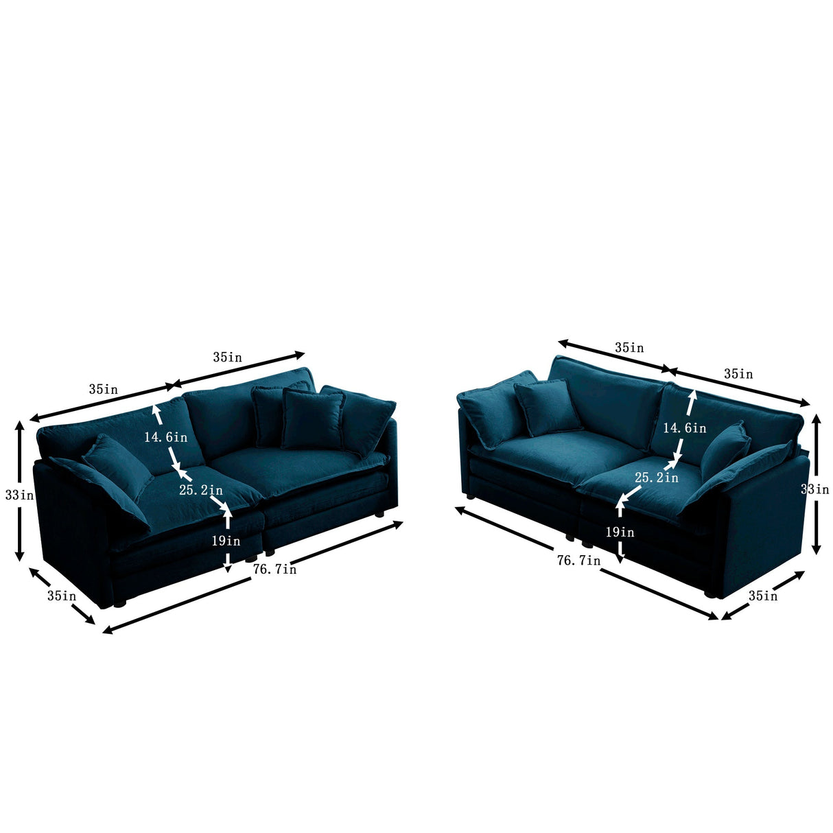 2-Piece Living Room Sofa Set in Blue Chenille