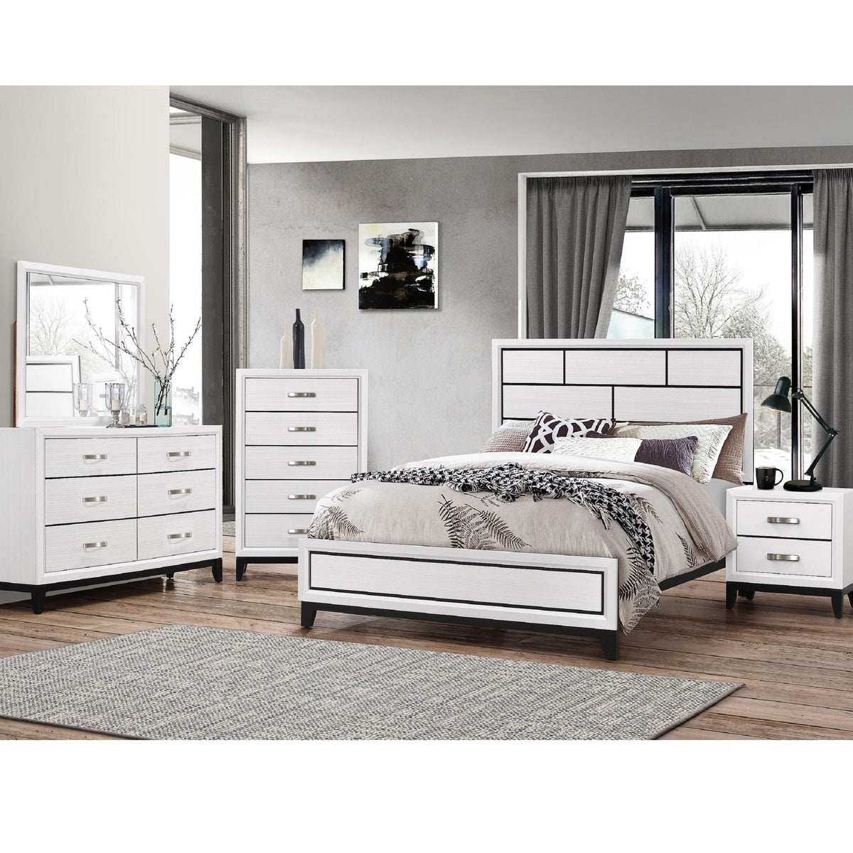 Contemporary Low Profile Bed With Geometric Headboard - White
