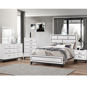 Contemporary Low Profile Bed With Geometric Headboard - White