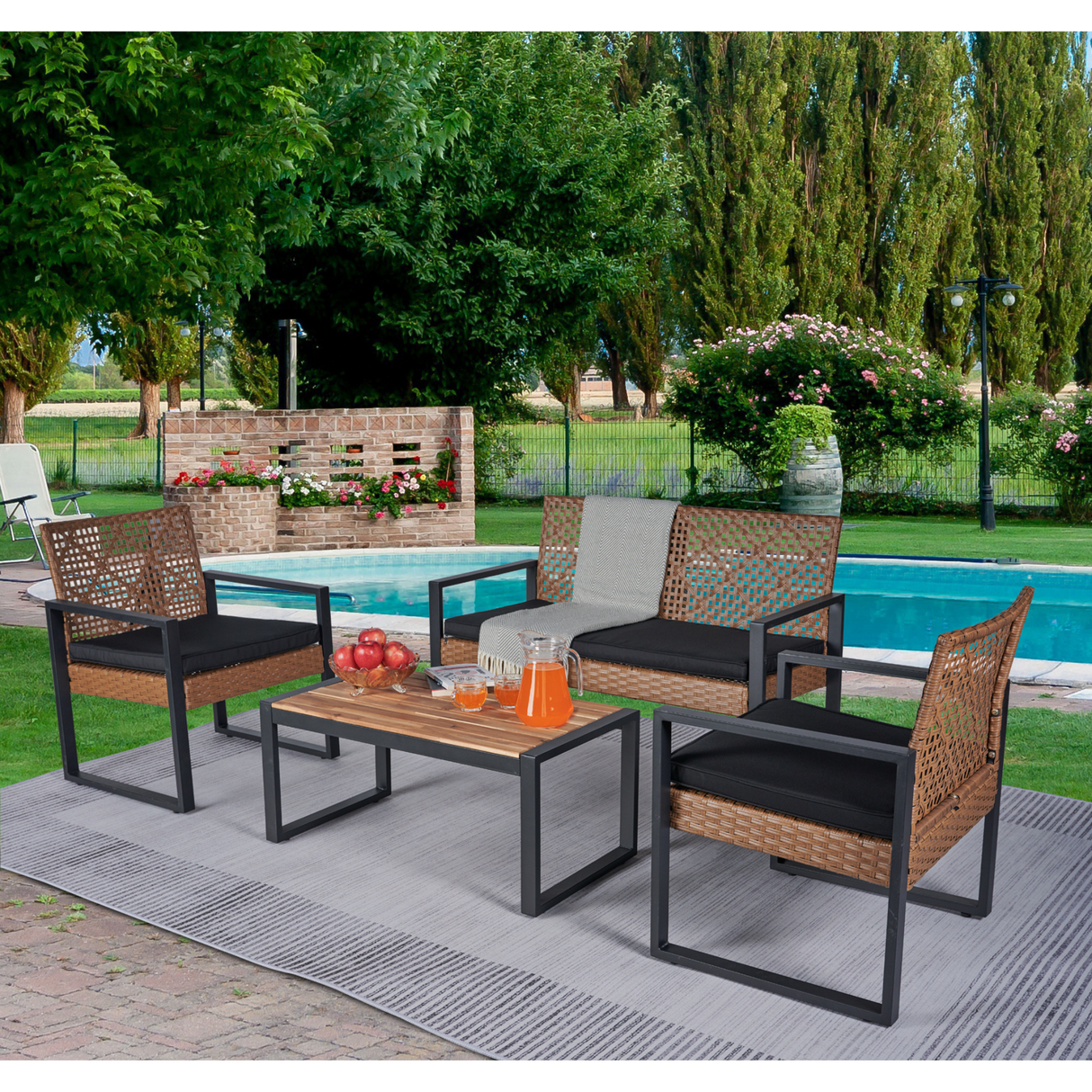 Canton 4-piece Handcrafted Acacia and Woven Rattan Outdoor Seating Ensemble
