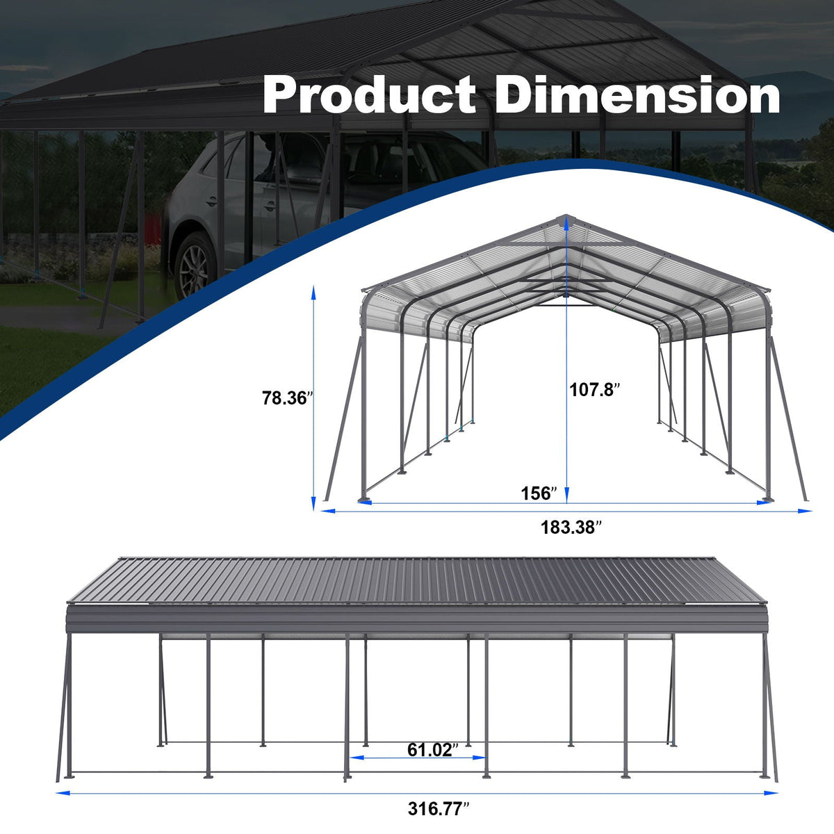 Metal Carport 13 X 26.5 Ft Heavy Duty With Galvanized Steel Roof Metal Garage Canopy With Galvanized Steel Roof & Frame Car Tent Outdoor Storage Shed For Car Boats And Truck - Gray