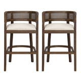 Wood And Rattan Upholstered Arm Bar Stools, Set of 2