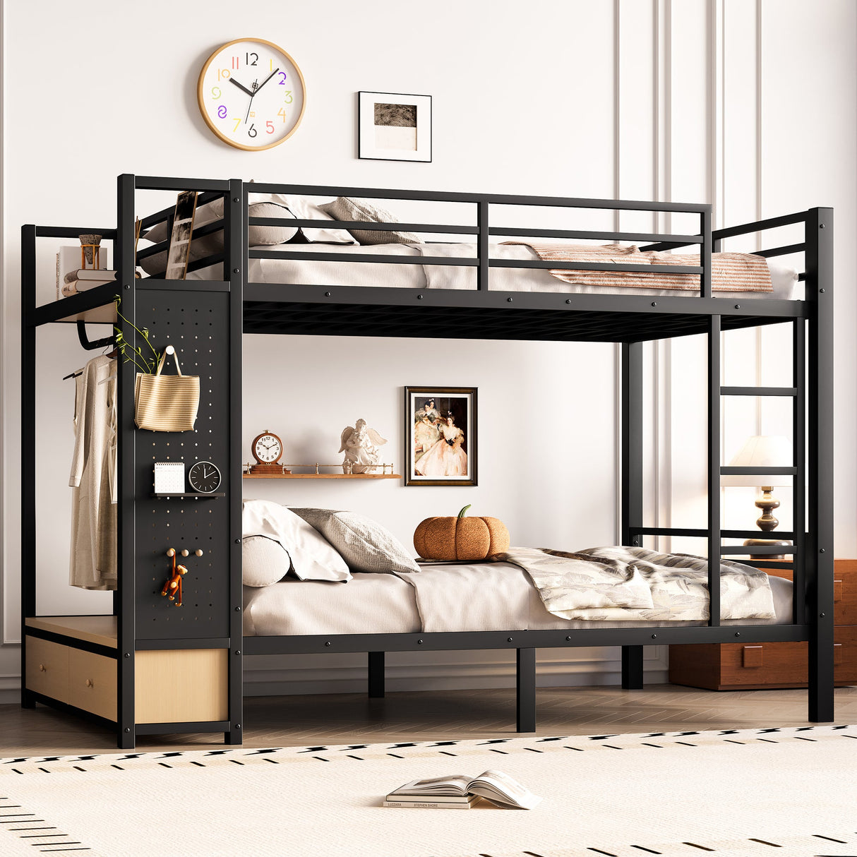 Full Over Full Size Metal Bunk Bed for Teens with Storage Shelves, Drawers and Pegboard