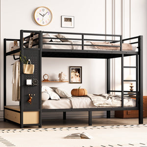 Full Over Full Size Metal Bunk Bed for Teens with Storage Shelves, Drawers and Pegboard