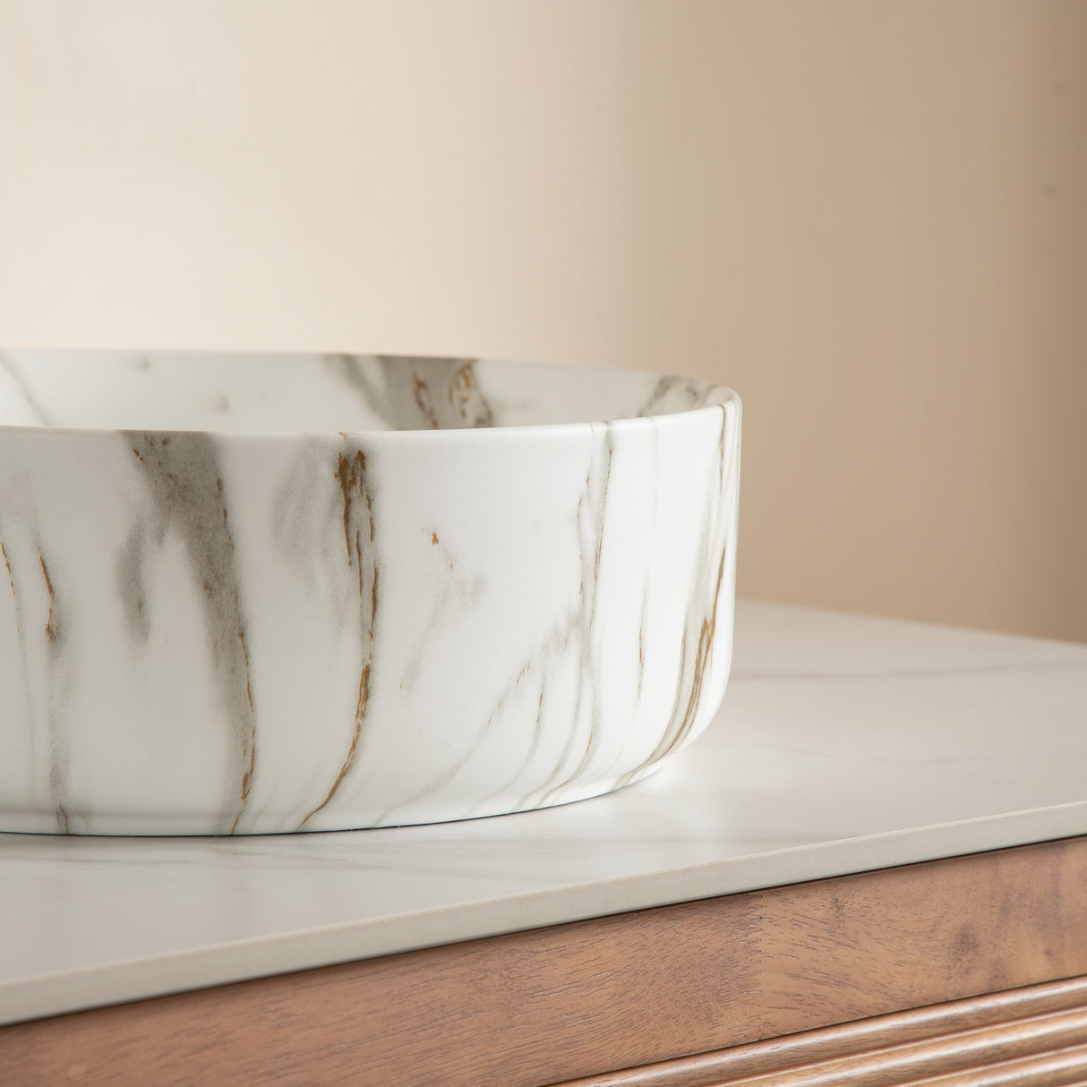 14'' Bathroom Sink, Round Vessel Ceramic Sink with Stone Pattern
