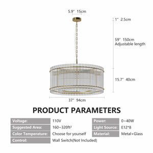 37' Modern Gold Round Chandelier,2-Tier 8-Light Water Ripple Crystal Glass Chandeliers,for Dining Room,Living Room,Bedroom,High Ceiling,Foyer Entryway,Luxury Chandelier