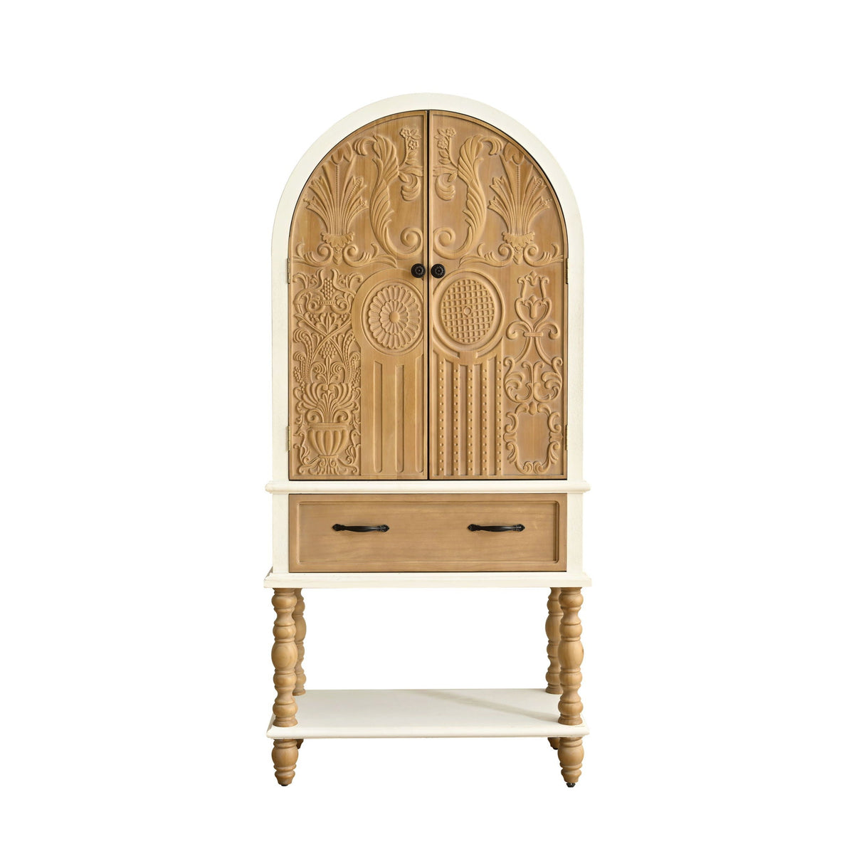 Arched Flower Carved Door Accent Sideboard Cabinet With 1 Drawer And Shelf, Cabinet For Kitchen - Natural / White