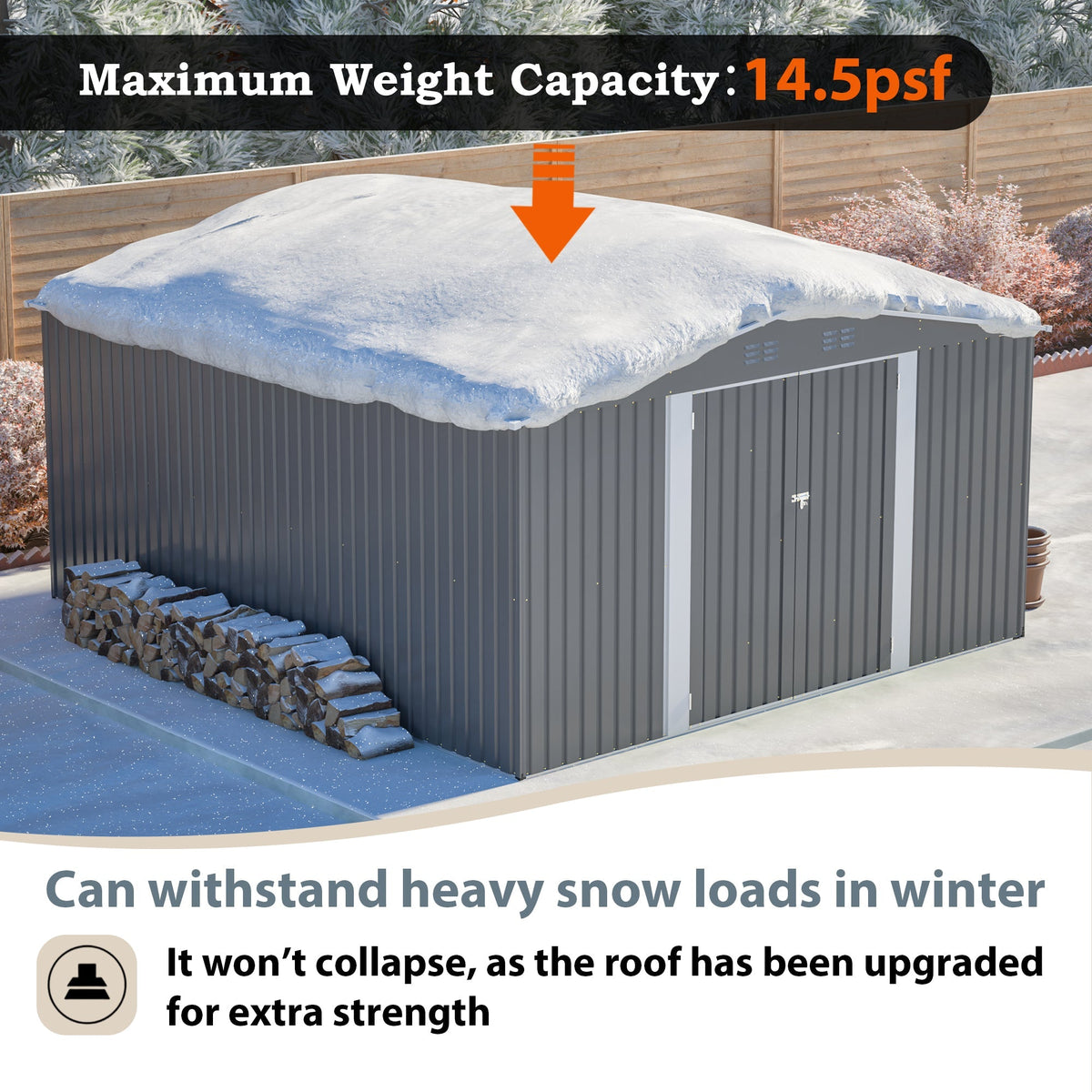 12×14 ft Outdoor Metal Storage Shed with Lockable Double Doors - Gray