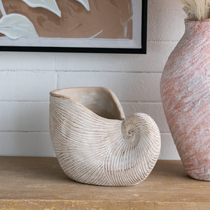11.5x6.7x7.7 Sand and Cement Nautilus Shell Planter with Textured Beige Finish