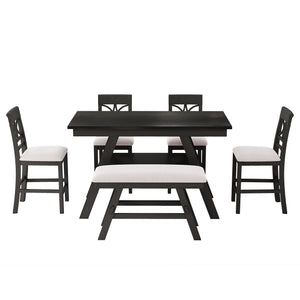 6 Piece Counter Height Dining Table Set with Storage Shelf - Espresso Wood
