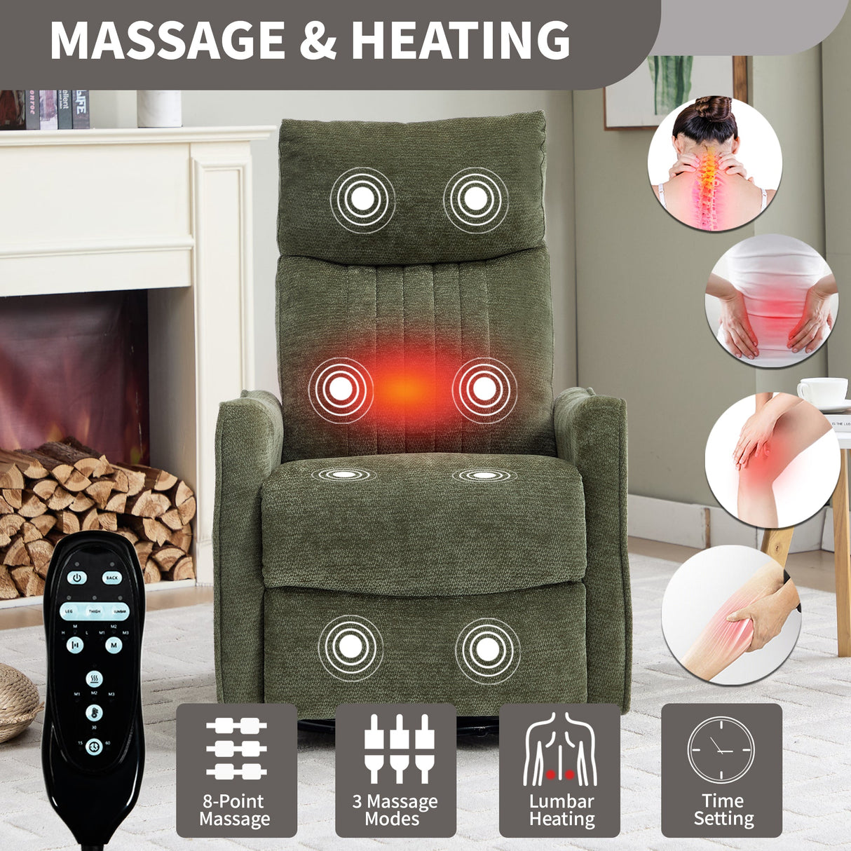 Green Heat Massage Manual Recliner Chair with Rocker and Swivel