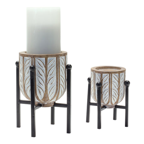 Geometric-Wood-Design-Candle-Holder-with-Metal-Stand-(Set-of-2)-Candle-Holders
