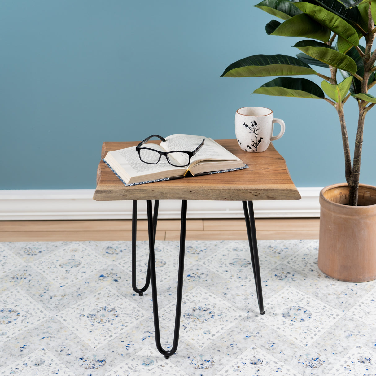 Natural wood slab stool table with iron legs 17.75"h