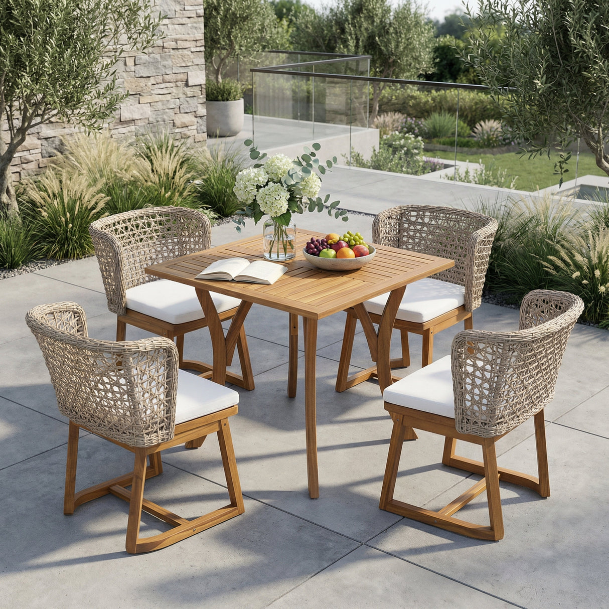 5-Piece Outdoor Dining Set with Acacia Wood Table & Wicker Back Chairs